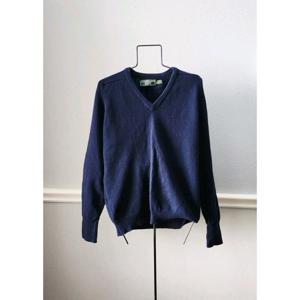 Club Fellow 100% Lamb Wool Sweater Mens XL Blue Pullover Elbow Patches